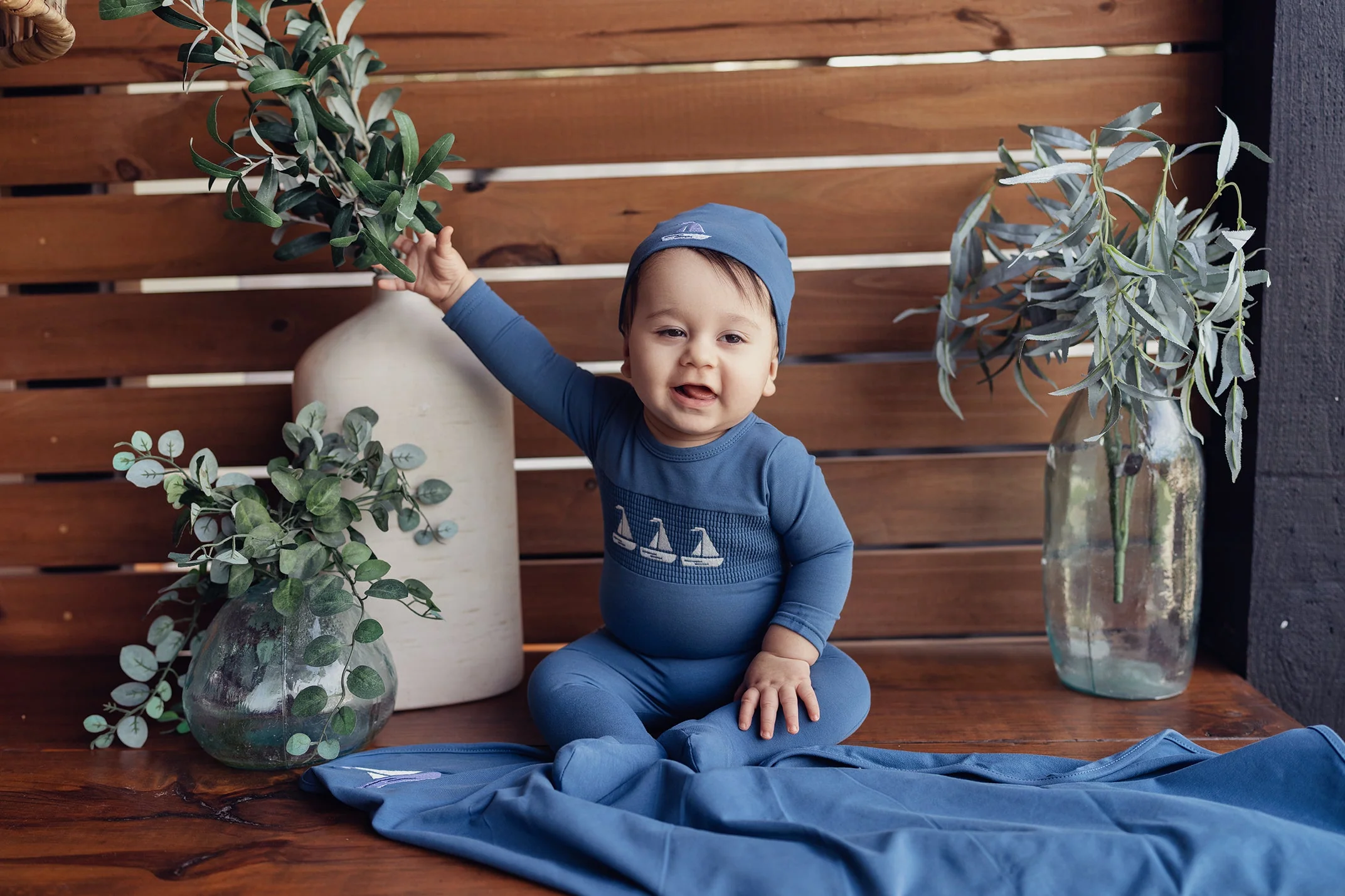 MANIERE BEBE NIÑO PIJAMA SMOCKED SAIL BOAT OCEAN BLUE